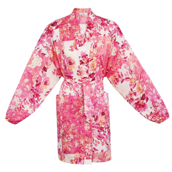 Afbeeldingen van UITVERKOCHT! Korte kimono roze bloemen.