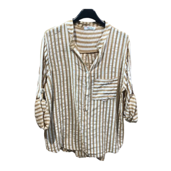 Afbeeldingen van Oversized katoenen shirt met gestreepte print camel -wit