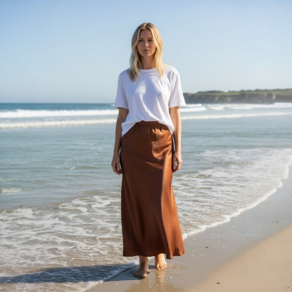Afbeeldingen van Maxi rok Satijn bruin